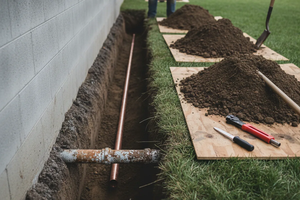 Excavated water line trench during Water Heater Repair in Dickinson